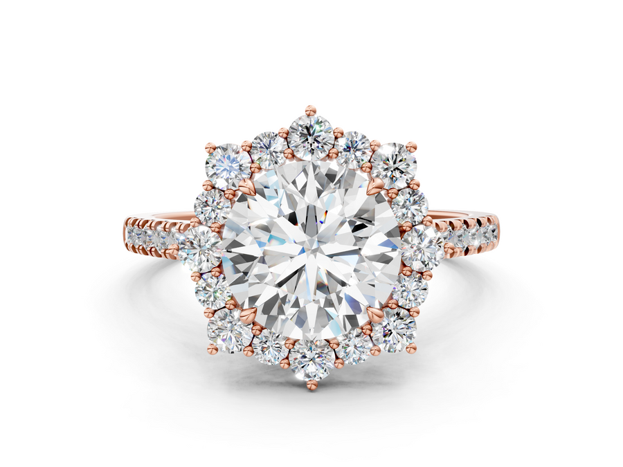 Rose gold Round Halo Diamond Ring with Pavé Band and Prong Setting