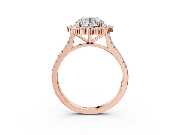 Rose gold Round Halo Diamond Ring with Pavé Band and Prong Setting