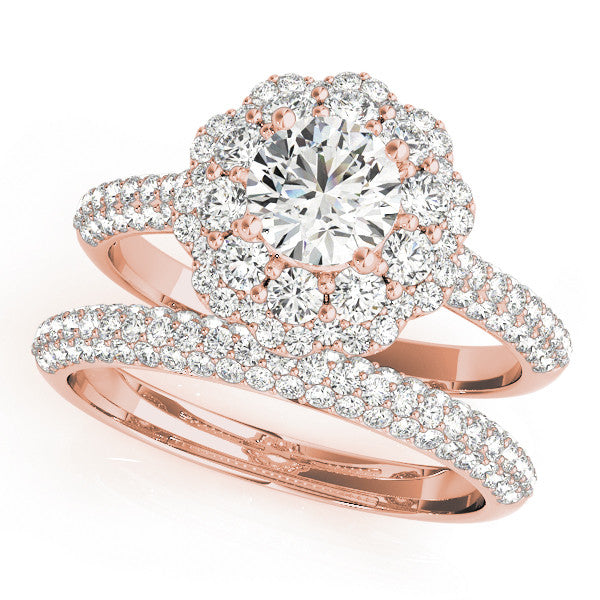 Rose gold Round Halo Diamond Ring with Pave Band and Four-Prong Setting 1