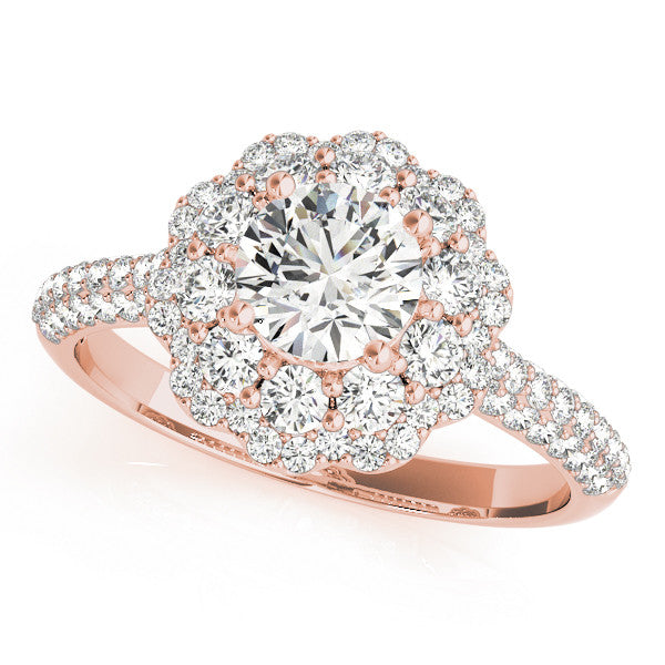 Rose gold Round Halo Diamond Ring with Pave Band and Four-Prong Setting