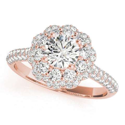 Rose gold Round Halo Diamond Ring with Pave Band and Four-Prong Setting