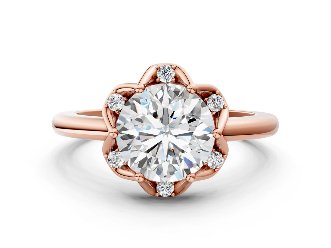 Rose gold Round Halo Diamond Ring with Round Cluster Setting, Solitaire Band, and Four-Prong Setting_48
