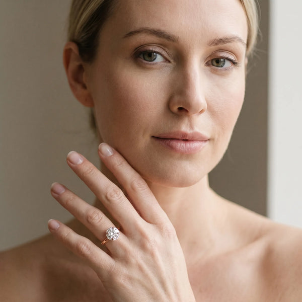 Rose gold Round Halo Diamond Ring with Solitaire Band and Four-Prong Setting