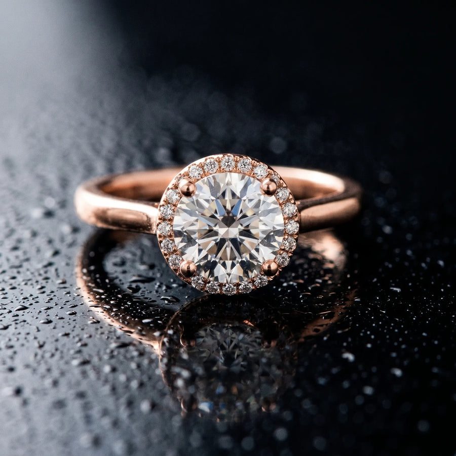 Rose gold Round Halo Diamond Ring with Solitaire Band and Four-Prong Setting