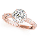 10K Rose Gold 0.42 Carat E VVS2 Cushion Diamond Halo Ring with Filigree Band and Prong Setting