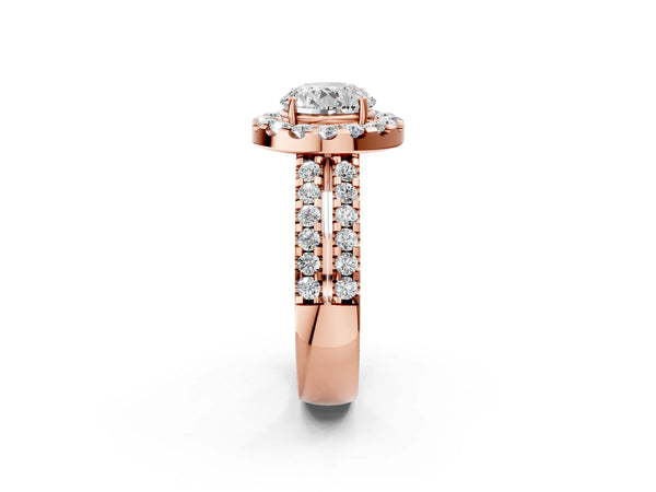Rose gold Round Halo Diamond Split Shank Engagement Ring with Prong Setting