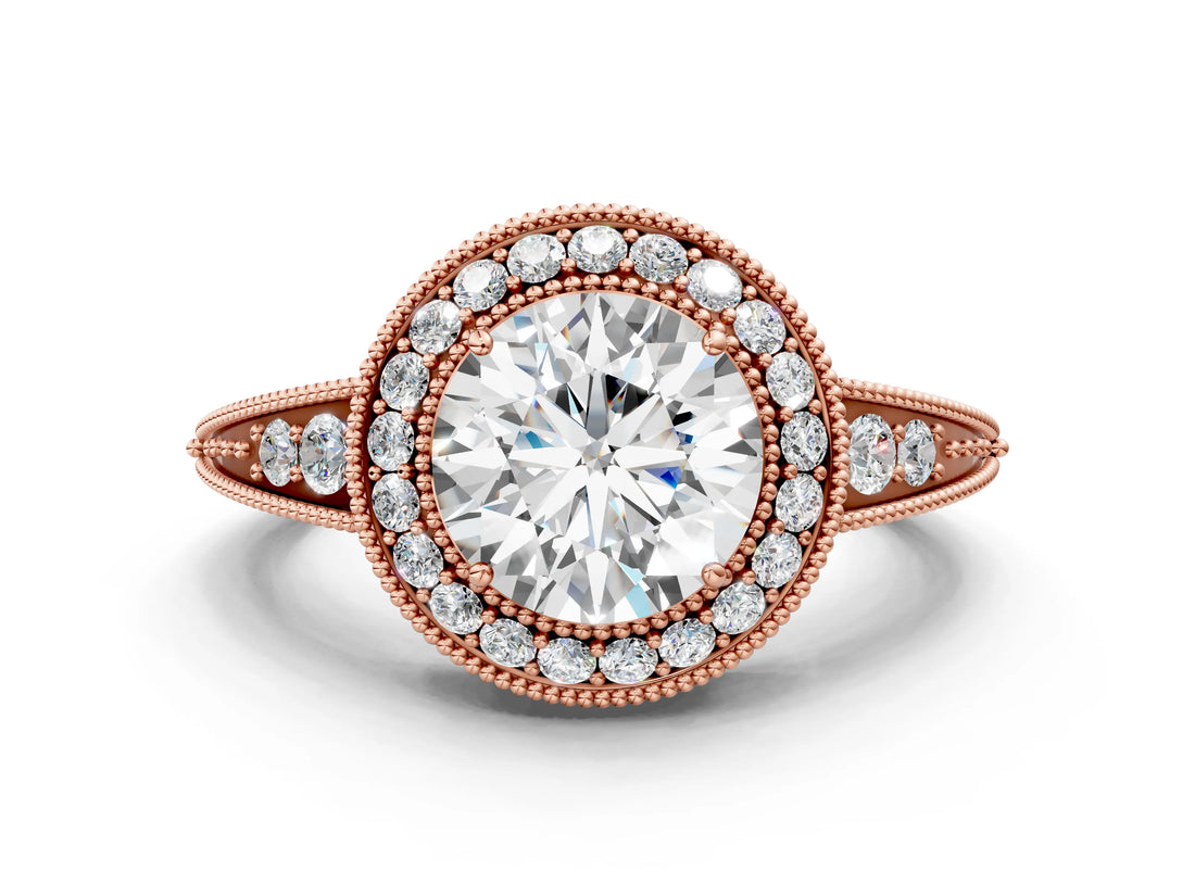 Rose gold Round Halo Diamond Split Shank Ring with Milgrain Detail_53