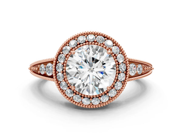 Rose Gold Round Vintage Halo Engagement Ring Setting with Tapered Pave Band and Milgrain
