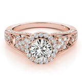 Rose gold Round Halo Diamond Vintage Split Shank Ring with Milgrain Edge 1