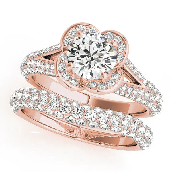 Rose gold Round Halo Floral Diamond Engagement Ring with Pave Split Shank and Four-Prong Setting