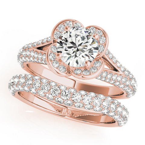 Rose gold Round Halo Floral Diamond Engagement Ring with Pave Split Shank and Four-Prong Setting 1