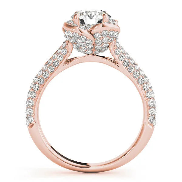 Rose gold Round Halo Floral Diamond Engagement Ring with Pave Split Shank and Four-Prong Setting