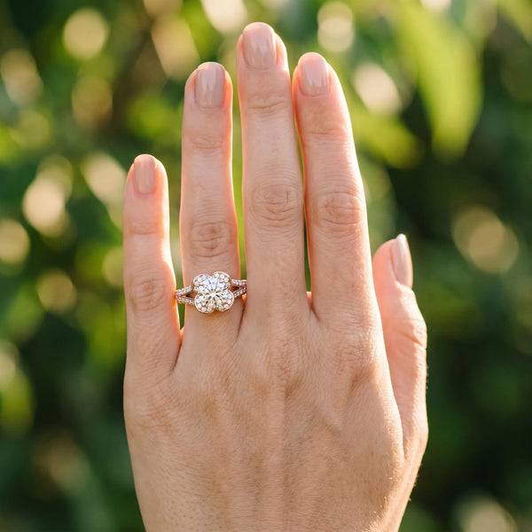 Rose gold Round Halo Floral Diamond Engagement Ring with Pave Split Shank and Four-Prong Setting