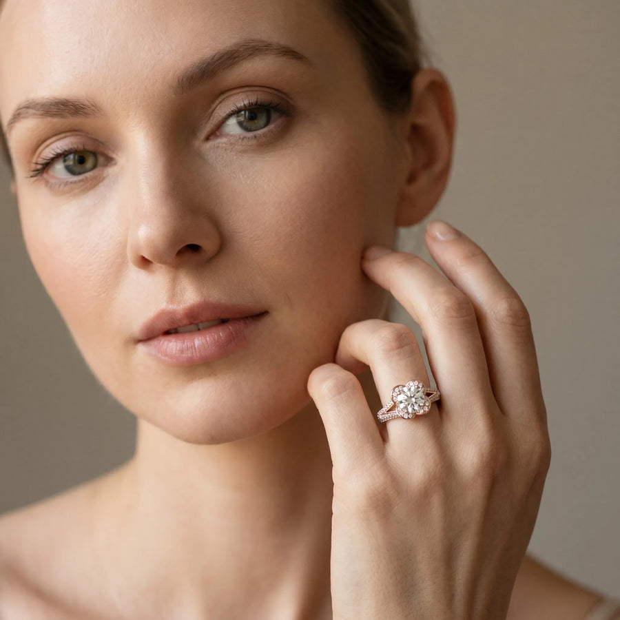 Rose gold Round Halo Floral Diamond Engagement Ring with Pave Split Shank and Four-Prong Setting