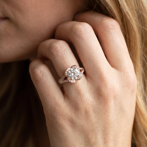 Rose gold Round Halo Floral Diamond Engagement Ring with Pave Split Shank and Four-Prong Setting