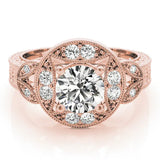 Rose gold Round Halo Milgrain Diamond Engagement Ring with Leaf Band and Four-Prong Setting 1