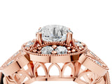 Rose gold Round Halo Milgrain Diamond Engagement Ring with Leaf Band and Four-Prong Setting_10