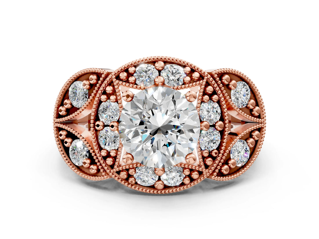 Rose gold Round Halo Milgrain Diamond Engagement Ring with Leaf Band and Four-Prong Setting_6