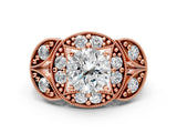 Rose gold Round Halo Milgrain Diamond Engagement Ring with Leaf Band and Four-Prong Setting_6
