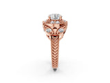 Rose gold Round Halo Milgrain Diamond Engagement Ring with Leaf Band and Four-Prong Setting_8