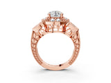 Rose gold Round Halo Milgrain Diamond Engagement Ring with Leaf Band and Four-Prong Setting_9