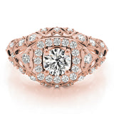 Rose gold Round Halo Milgrain Pave Diamond Engagement Ring with Filigree Band and Four-Prong Setting 1
