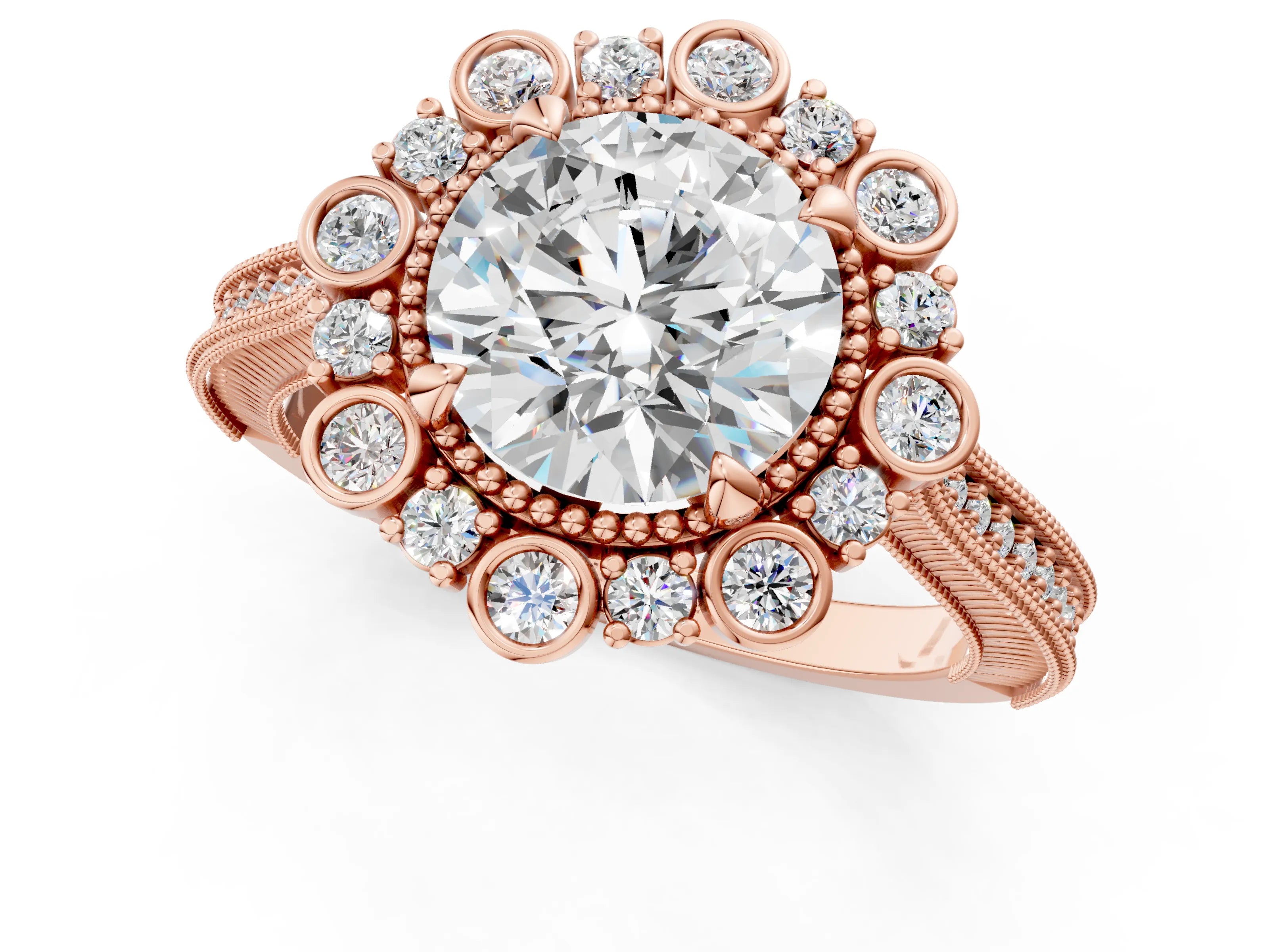 Rose gold Round Halo Milgrain Pave Diamond Ring with Four-Prong Setting 1