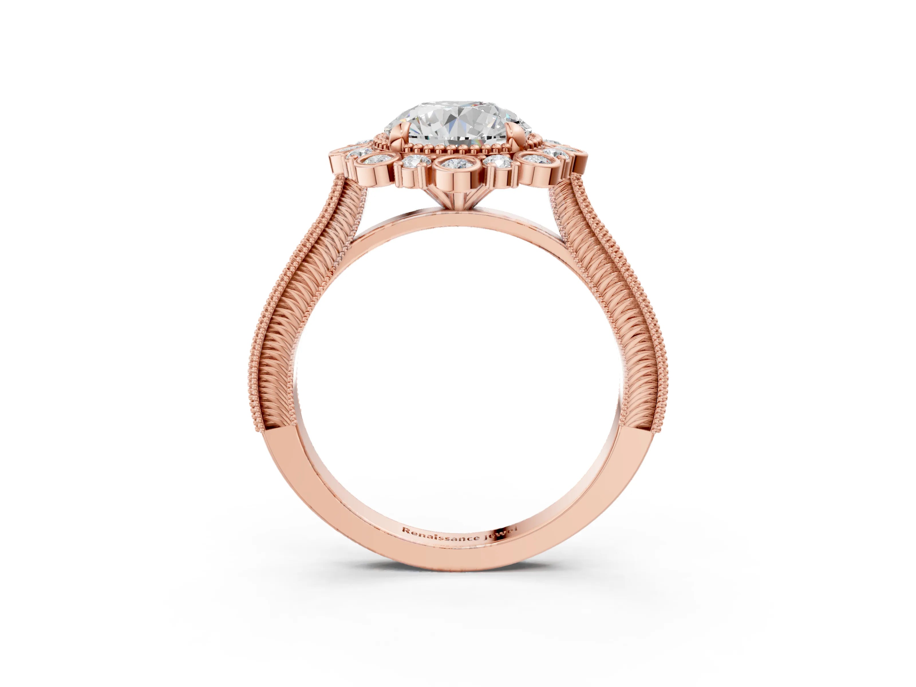 Rose gold Round Halo Milgrain Pave Diamond Ring with Four-Prong Setting 3