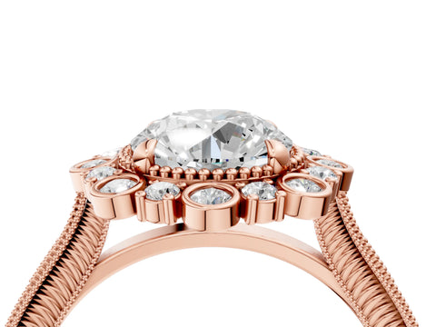 Rose gold Round Halo Milgrain Pave Diamond Ring with Four-Prong Setting 4