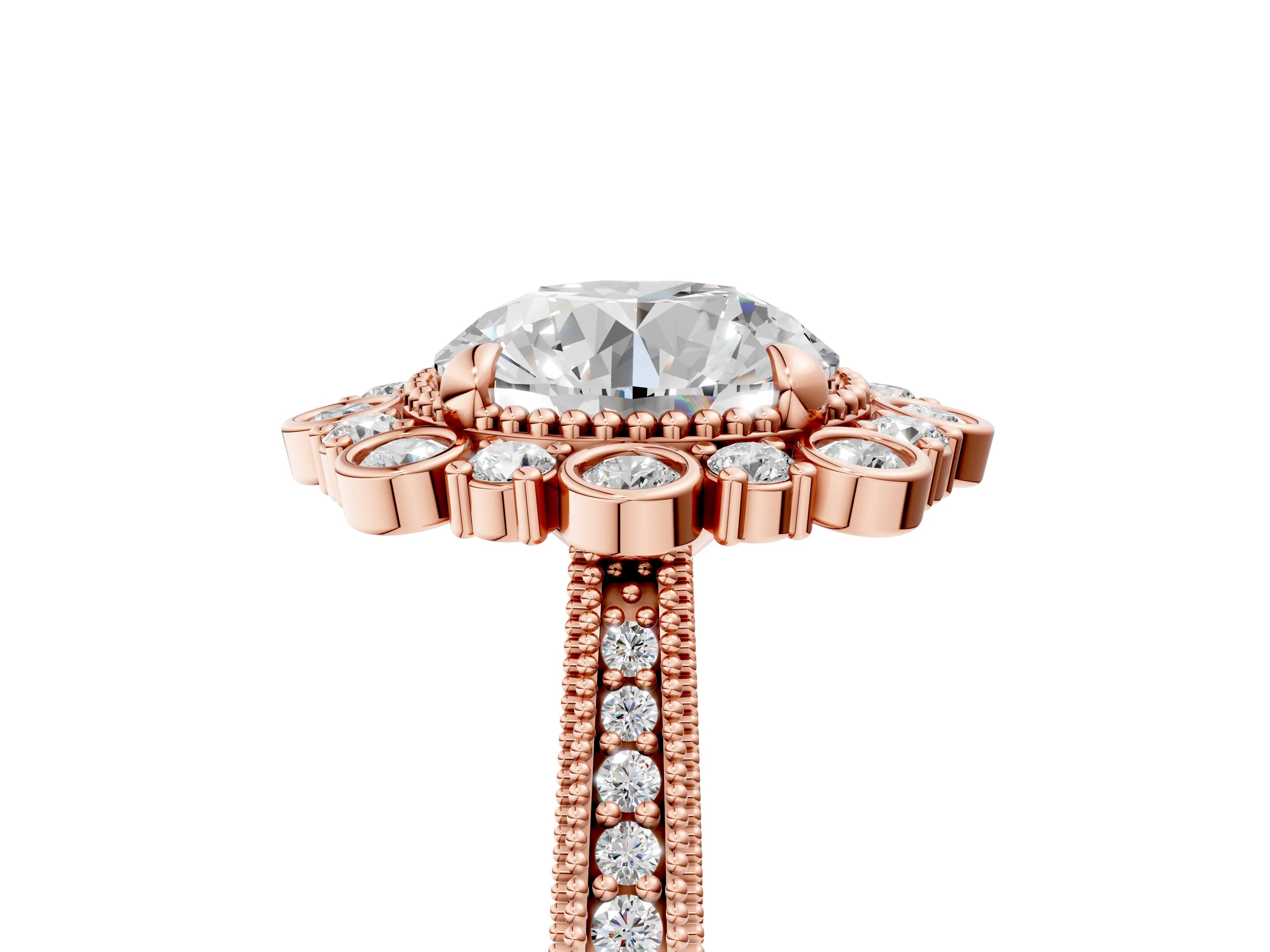 Rose gold Round Halo Milgrain Pave Diamond Ring with Four-Prong Setting 5