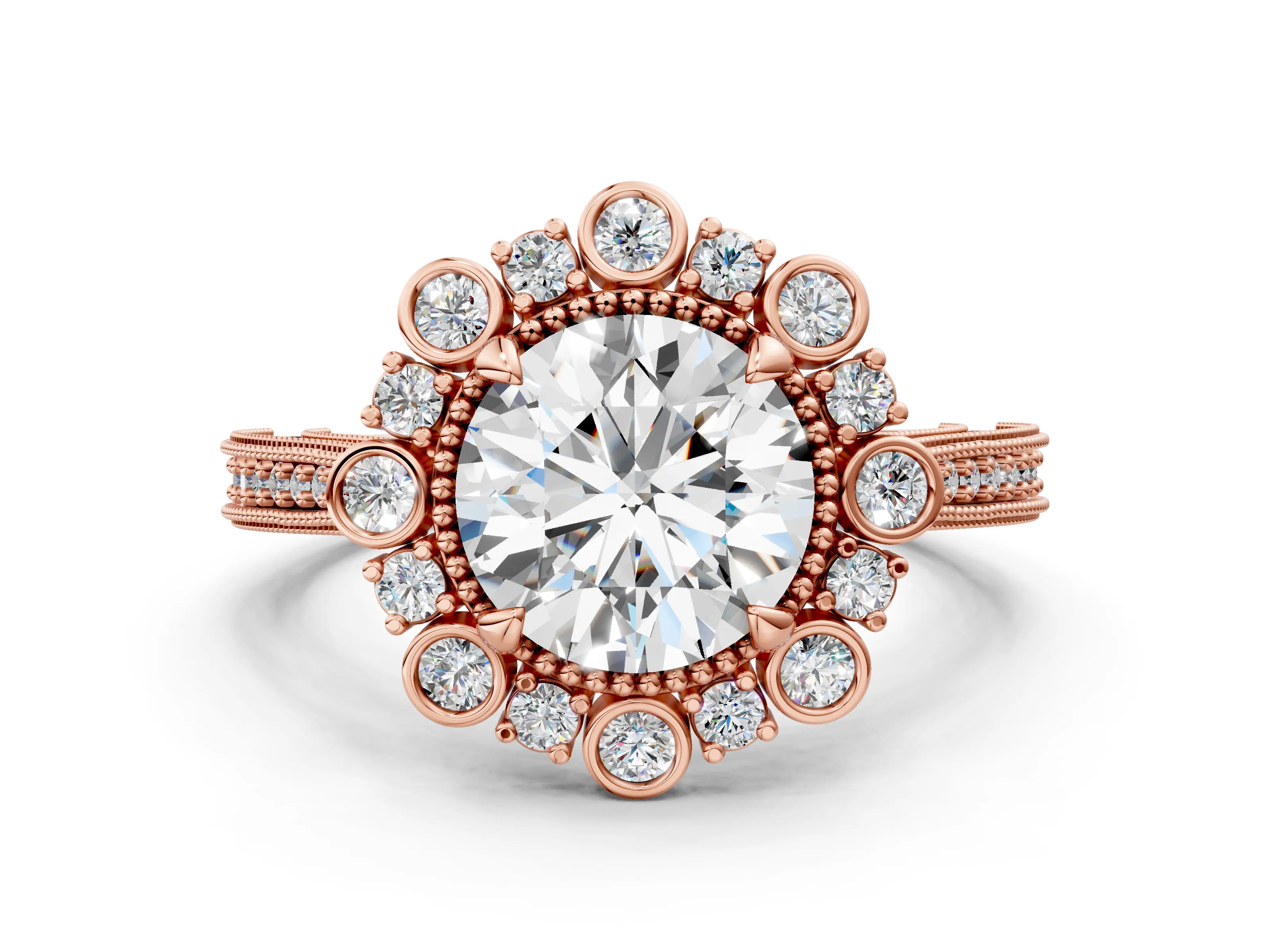 Rose gold Round Halo Milgrain Pave Diamond Ring with Four-Prong Setting