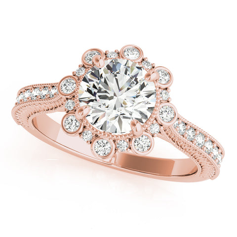 Rose gold Round Halo Milgrain Pave Diamond Ring with Four-Prong Setting