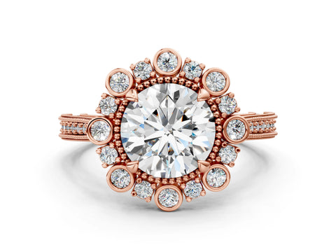 Rose gold Round Halo Milgrain Pave Diamond Ring with Four-Prong Setting