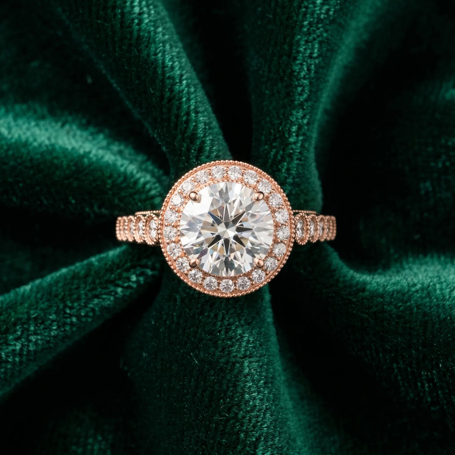 Rose gold Round Halo Milgrain Solitaire with Bezel Set Side Stones and Pave Band