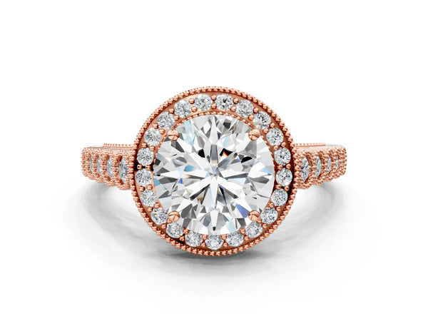 Rose gold Round Halo Milgrain Solitaire with Bezel Set Side Stones and Pave Band