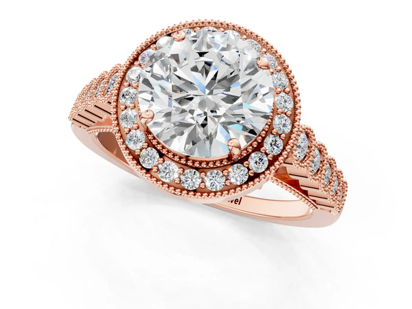 Rose gold Round Halo Milgrain Solitaire with Bezel Set Side Stones and Pave Band