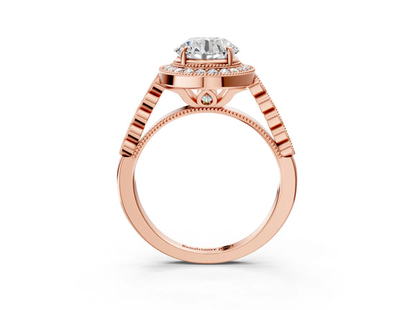 Rose gold Round Halo Milgrain Solitaire with Bezel Set Side Stones and Pave Band
