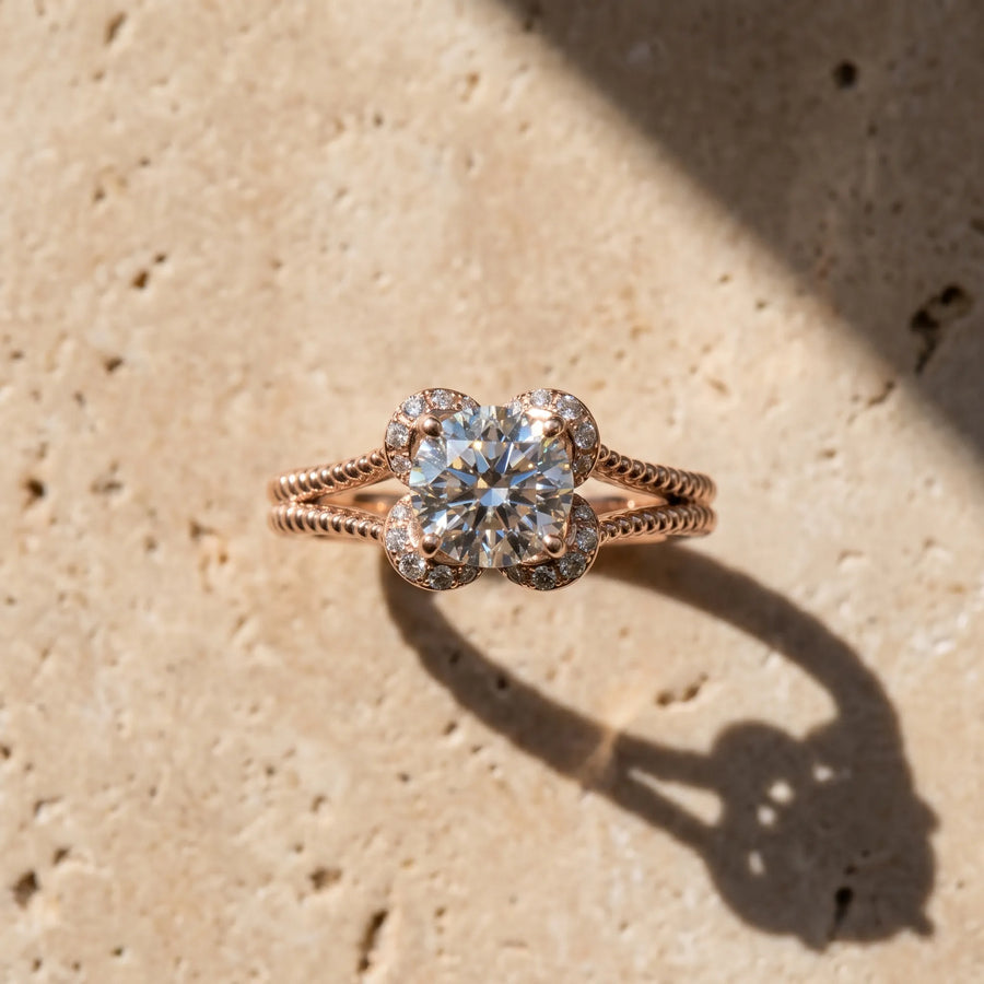 Rose gold Round Halo Milgrain Solitaire with Split Shank and Four-Prong Setting