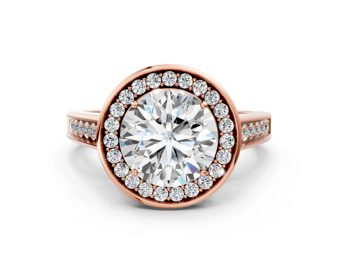Rose gold Round Halo Solitaire Diamond Ring with Pave Band and Bezel Setting_53
