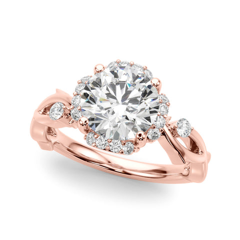 Rose gold Round Halo Solitaire Diamond Ring with Twisted Band and Four-Prong Setting