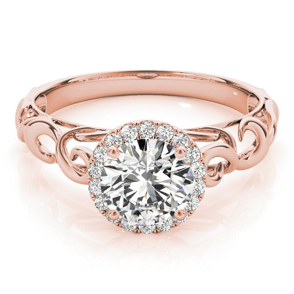 Rose gold Round Halo Solitaire with Scrollwork Band and Four-Prong Setting 1