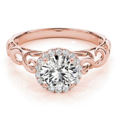 Rose gold Round Halo Solitaire with Scrollwork Band and Four-Prong Setting 1