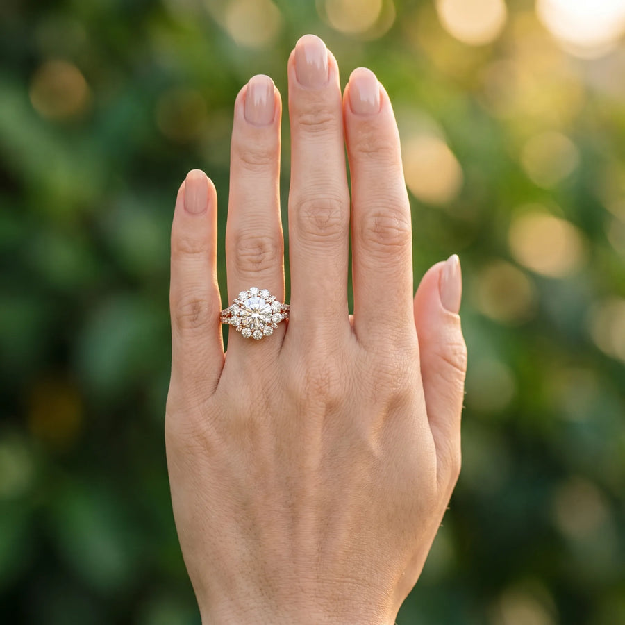 Rose gold Round Halo Split Shank Diamond Engagement Ring with Pave Band and Four-Prong Setting