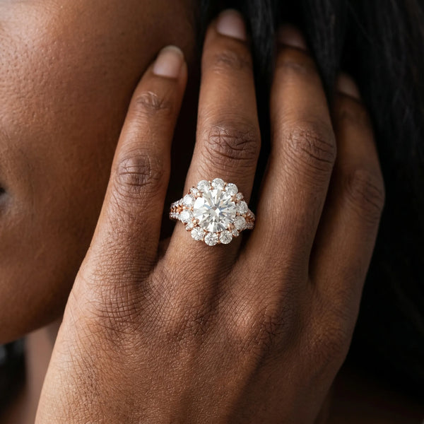 Rose gold Round Halo Split Shank Diamond Engagement Ring with Pave Band and Four-Prong Setting