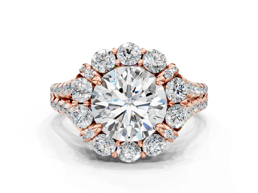 Rose gold Round Halo Split Shank Diamond Engagement Ring with Pave Band and Four-Prong Setting_57
