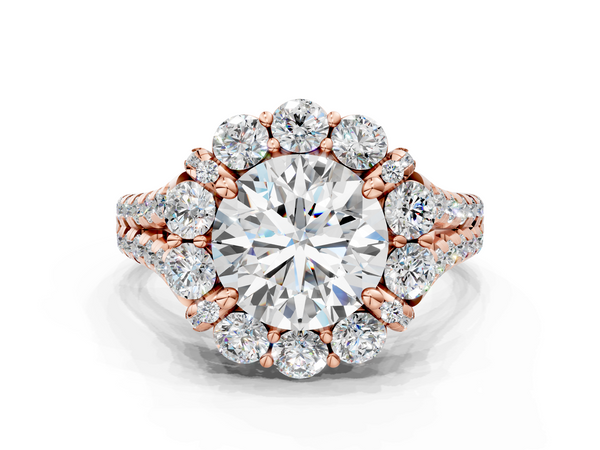 Rose gold Round Halo Split Shank Diamond Engagement Ring with Pave Band and Four-Prong Setting
