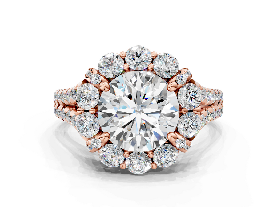 Rose gold Round Halo Split Shank Diamond Engagement Ring with Pave Band and Four-Prong Setting