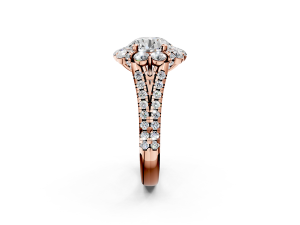 Rose gold Round Halo Split Shank Diamond Engagement Ring with Pave Band and Four-Prong Setting