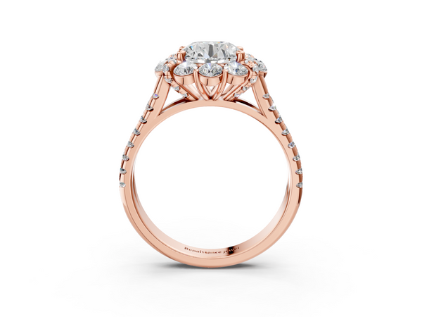 Rose gold Round Halo Split Shank Diamond Engagement Ring with Pave Band and Four-Prong Setting