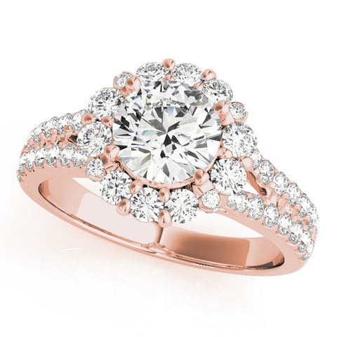 Rose gold Round Halo Split Shank Diamond Engagement Ring with Pave Band and Four-Prong Setting